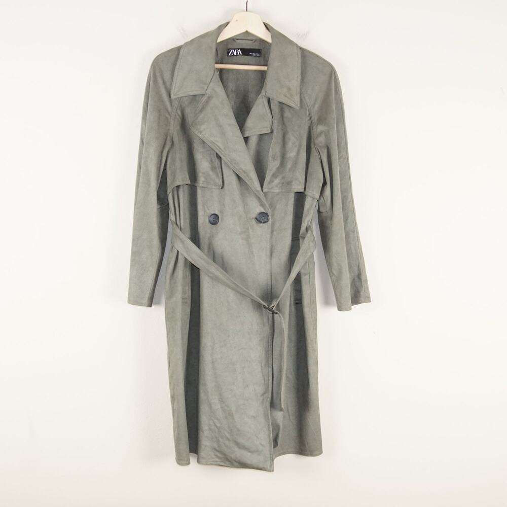 Zara Green Faux Suede Belted Trench Coat Womens Sz L
